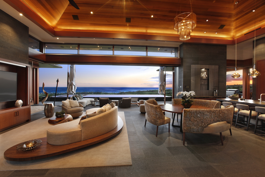 Custom lakefront living space by Greenwood Homes